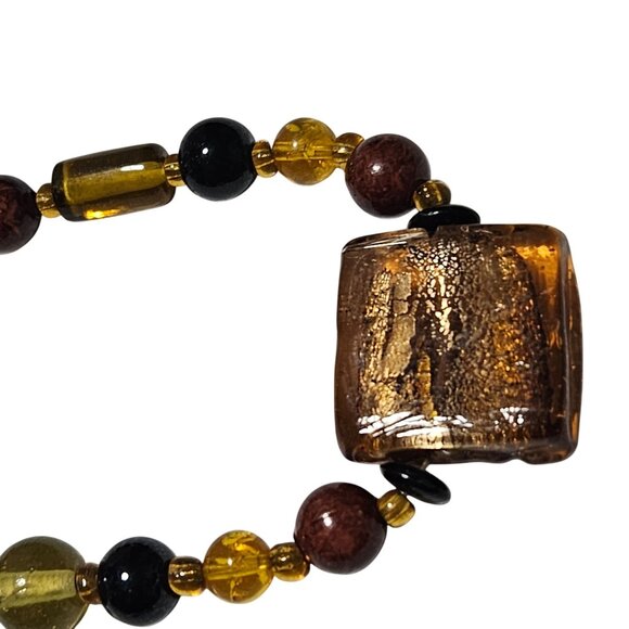 Retro Glass Beaded Necklace Amber Black Brown Square Pendant Boho Jewelry Women - Picture 2 of 6